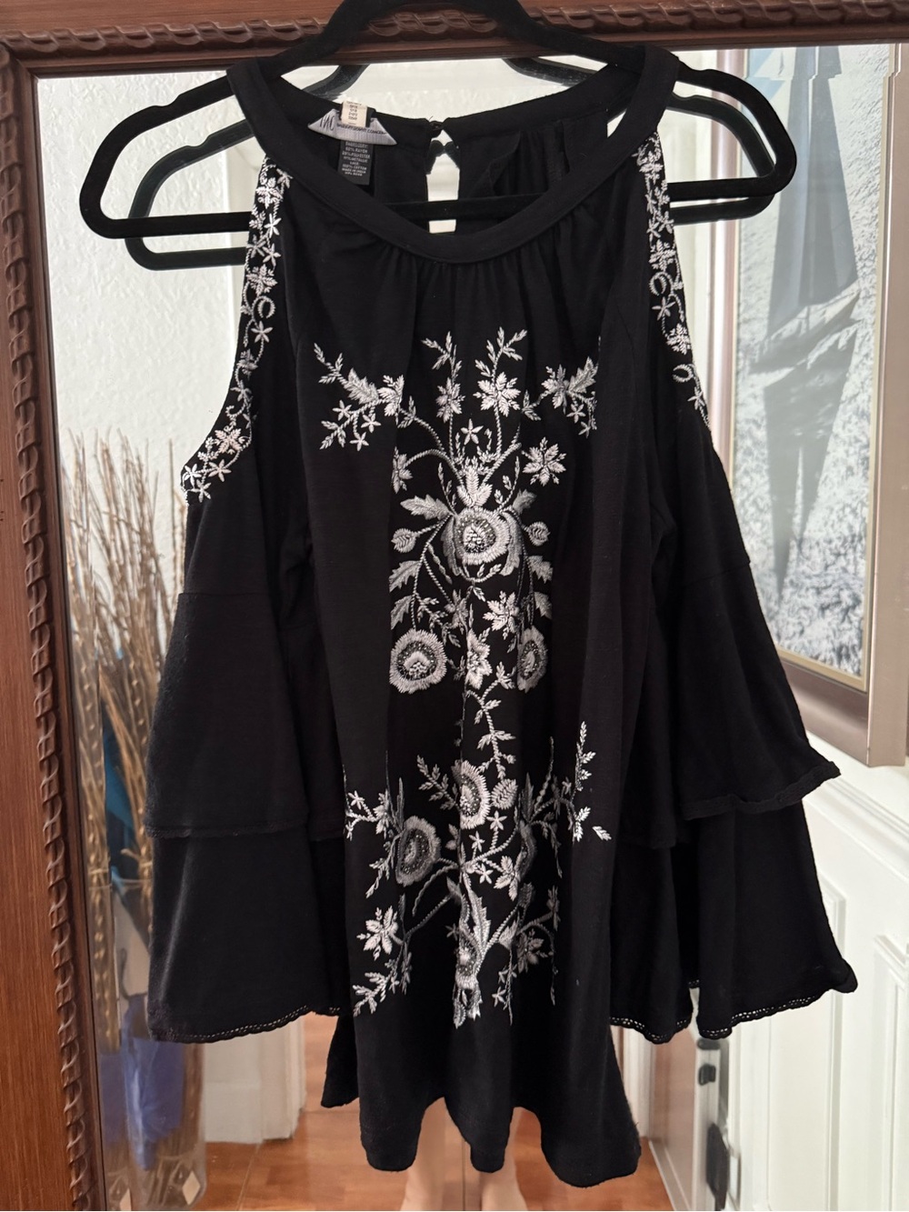 INC International Concepts Black Top with Silver Embroidery drop sleeves
